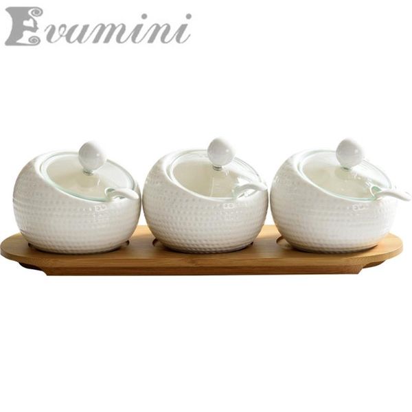 

storage bottles & jars 160-550mlx3pcs/set kitchen ceramic spice box set glass cover wooden tray seasoning jar sugar kit salt