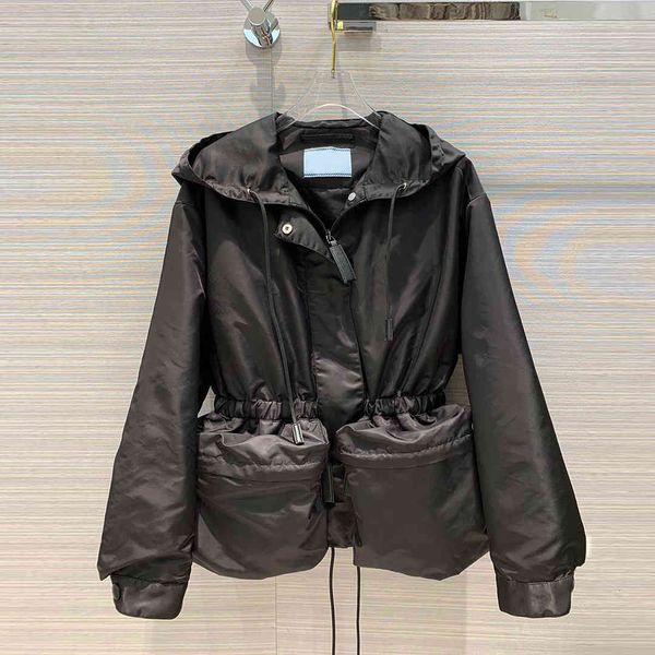 

jackets early spring high-end brand women big pocket patchwork hooded zipper waist tie casual loose bomber jacket black coat, Black;brown