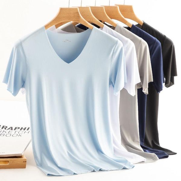 

men's t-shirts 2021 men t shirt fitness elastic ice mens v neck short sleeve for male micro fiber tshirts m-5xl clothing, White;black