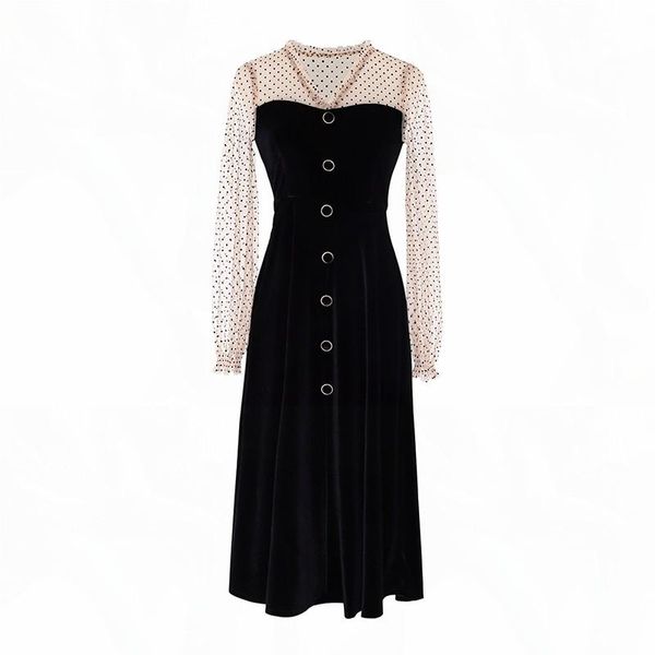 

splicing net yarn long sleeve style ukraine v-neck wave point velvet party dress women pastel elegant vestidos robes casual dresses, Black;gray