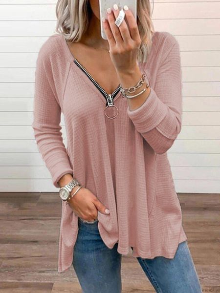 

women's t-shirt long sleeve summer for women 2021 solid t shirt zipper v neck spring loose ladies casual woman tshirts, White