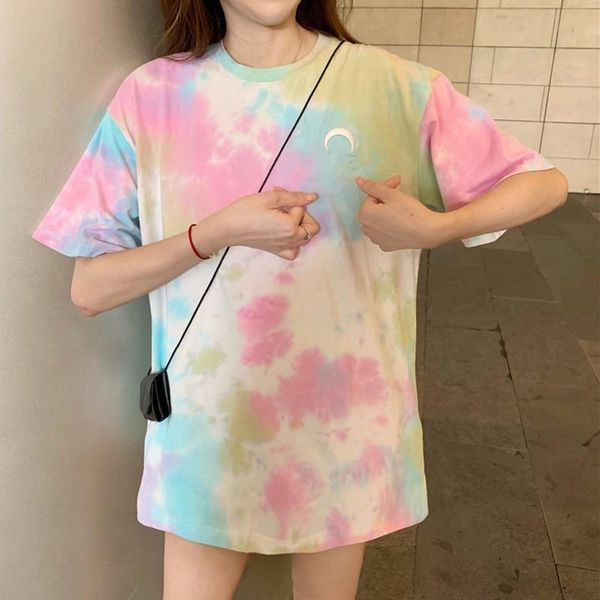 

casual tie dye tee womens t shirt round neck print short sleeve loose korean style ladies sweet, White
