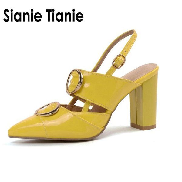 

sianie tianie patent pu leather pointed toe woman slingback block high heels yellow white pumps women sandals with metal ring, Black