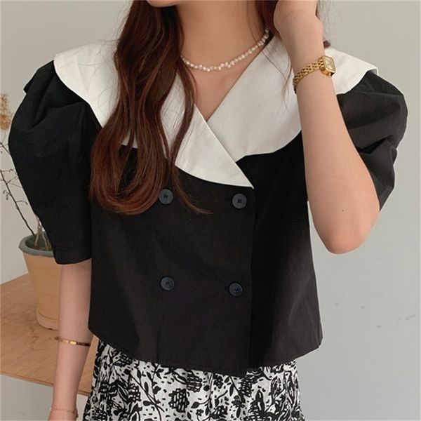 

women's two piece pants style color-hit retro chic loose summer casual 2021 korean high waist streetwear vintage ol blouses, White