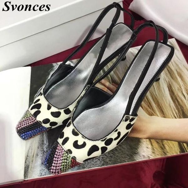 

dress shoes leopard horse hair women pumps buckle strap slingbacks sandals summer rhinestones med heel party large size 42, Black