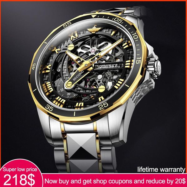 

wristwatches brand oupinke luxury men's mechanical wristwatch automatic watch men classic skeleton tungsten steel sapphire waterproof, Slivery;brown