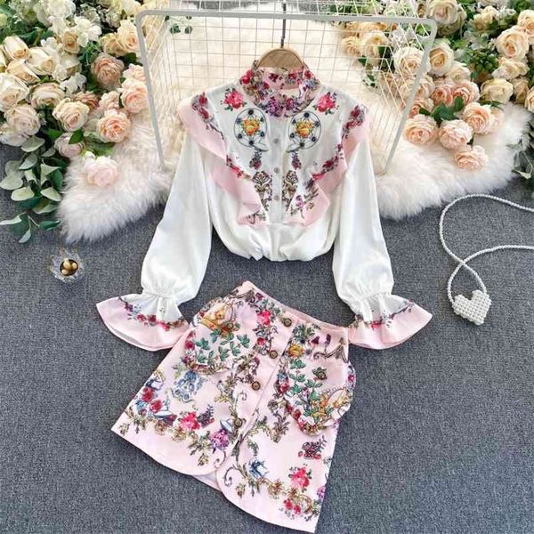 

spring autumn women hit fashion stand neck retro printed shirts + high waist elegant skirts two-piece sets 210519, White