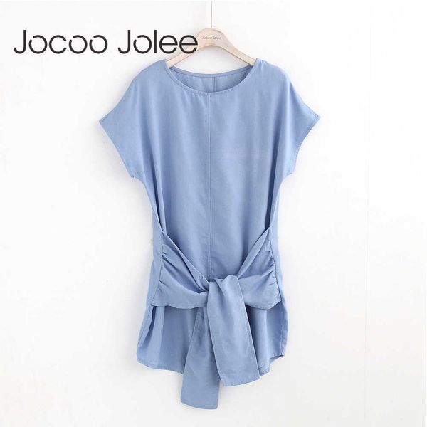 Jocoo Jolee Causale O-Collo Abito da donna Moda Front Lace-up Design Abito dritto Impero Summer Vacation Abito solido 210619