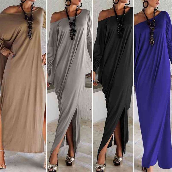 

autumn and winter slant shoulder women's solid long sleeve split dress, Black;gray