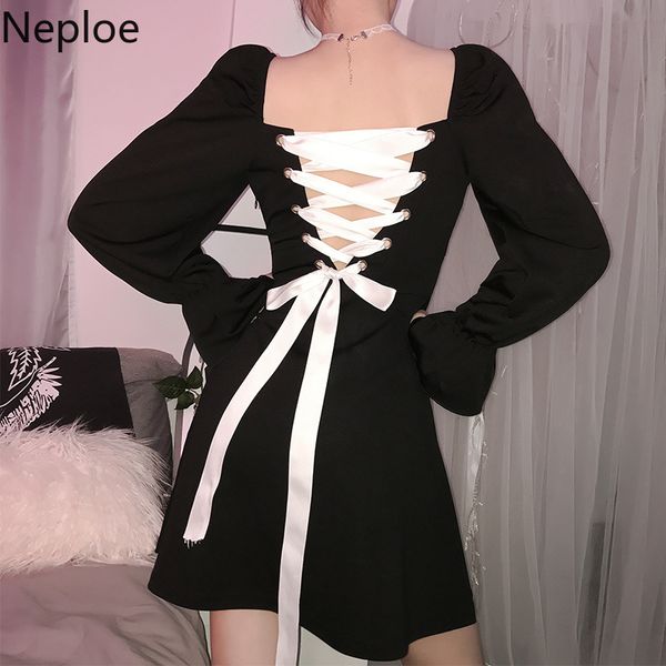 

neploe lace up backless dress women fashion square collar flare sleeve dresses femme summer elegant slim fit vestidos 1c789 210423, Black;gray
