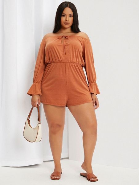 

plus flounce sleeve bardot romper v44a#, Black