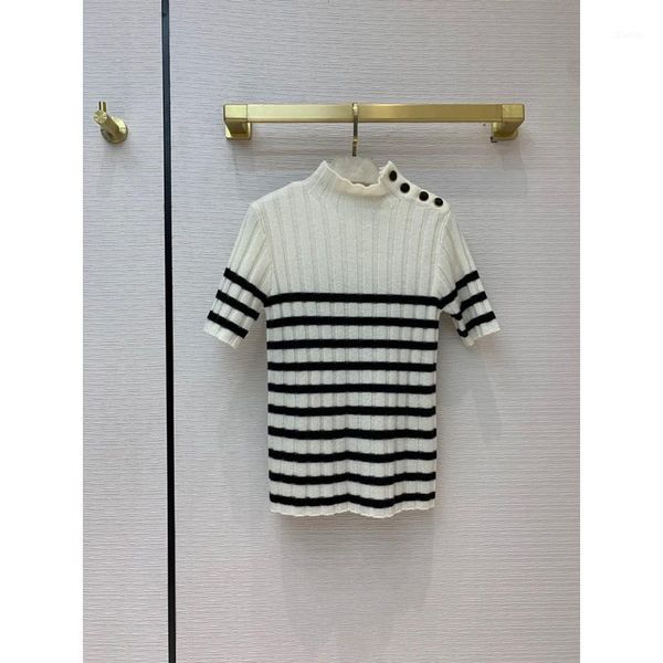 

women's sweaters quality end 11.25 high turtleneck striped short sleeve knitwear women fashion elegant shoulder button design pullover, White;black
