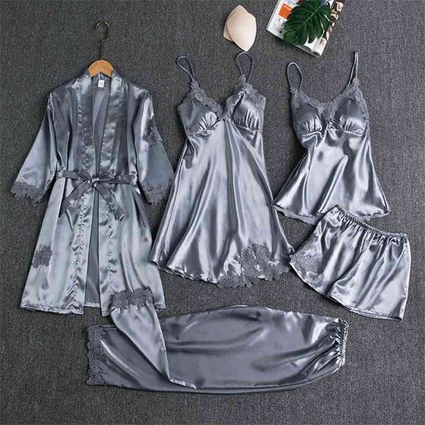 

sleepwear female 5pcs pajamas set satin pyjamamas lace patchwork bridal wedding nightwear rayon home wear nighty&robe suit 210924, Black;red