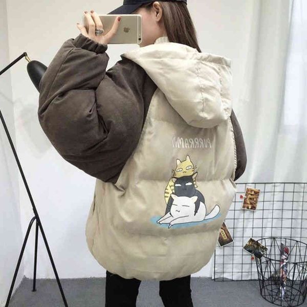 

women's hooded cotton et, korean clothing ins pan, kawaii, cartoon cat pattern, loose, thick, casual, parker, winter novelty, 2021, Black;brown