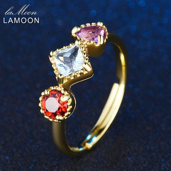 

cluster rings lamoon 3pcs 4mm 1ct purple amethyst red garnet blue z ring with 925 sterling silver jewelry for gift lmri011, Golden;silver