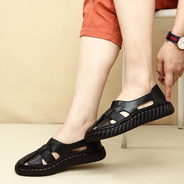 

sandals woman shoes genuine leather women flats summer women's loafers breathable beach female shoe large size 35-43, Black