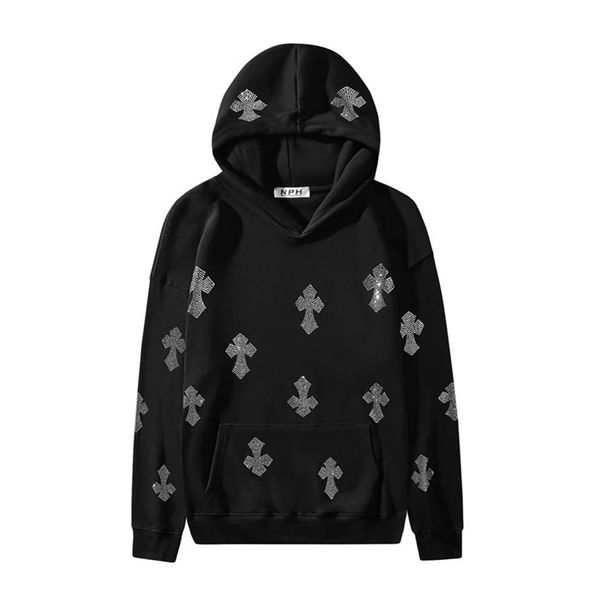 

autumn winter 2020 fashion br new net red covered with drill cross hooded sweater men's and women's lo, Black