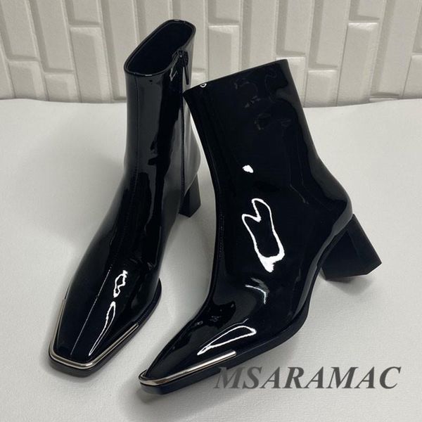 

boots black shiny leather metal square toe high heel ankle suede fashion street ladies party shoes
