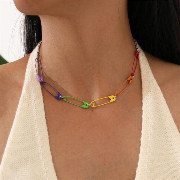 

pendant necklaces fashion metal punk colorful needles safety pin collar chokers for women egirl bff rock trendy statement choker bijoux, Silver