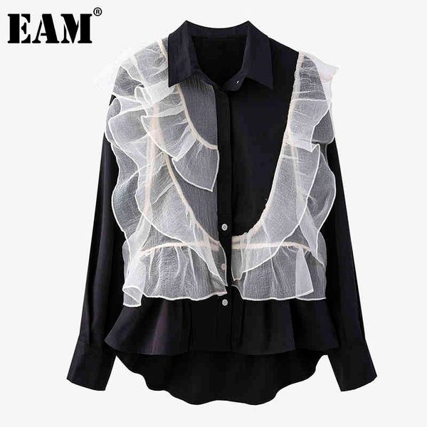 

[eam] women contrast color irregular mesh ruffles blouse lapel long sleeve loose shirt fashion spring summer 1dd8518 210512, White