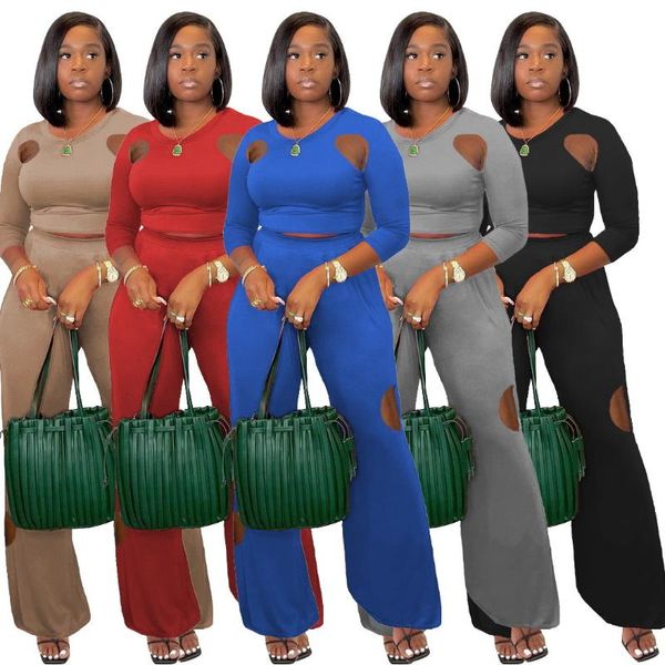 

women's two piece pants l21721 2021 solid color hollow out wide leg suit wholesale, White