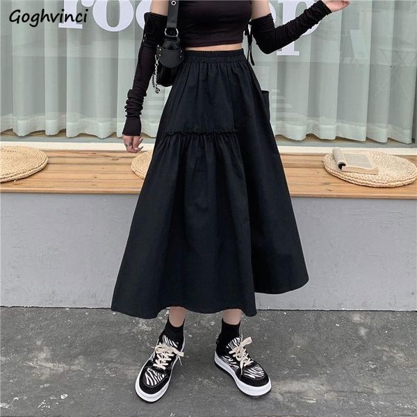 

skirts women solid elastic high waist white korean fashion chic loose all-match elegant mujer faldas streetwear students ins, Black