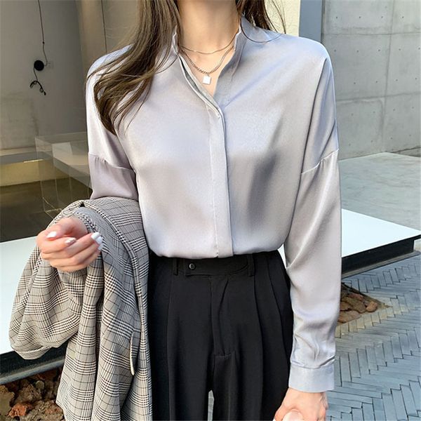 

grey stylish solid women all match blouses loose elegant gentle office lady feminine chic shirts 210421, White