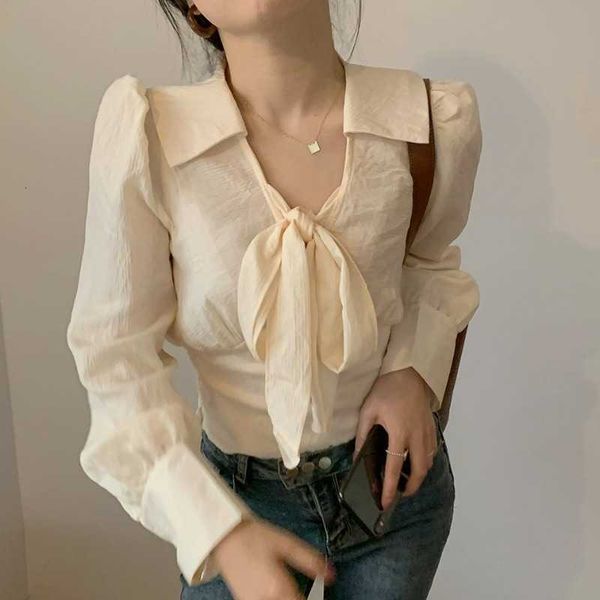 

two piece dress retro court style age reduction in spring and autumn super fairy tie bow lapel long sleeve back waist slim shirt woman 0vli, White