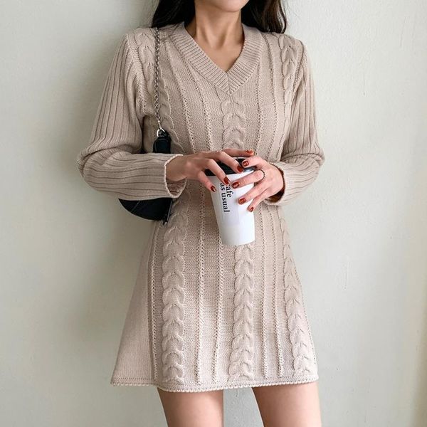 

casual dresses autumn winter korean fashion twist v-neck knitted dress women vintage long sleeve sweater robe femme vestidos, Black;gray