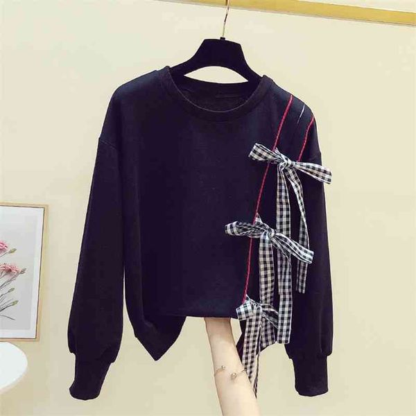 

autumn women's bow patchwork long sleeves casual t-shirt tee female girls ladies pullover tees a4174 210519, White