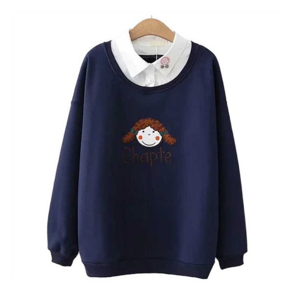 

merry pretty women cartoon embroidery turndown collar hoodies sweatshirts winter long sleeve fake 2 pieces velvet warm pullovers 210526, Black