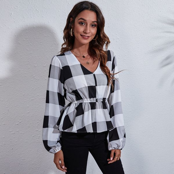 

women's t-shirt new white-black lattice lantern long sleeve waist closing v-neck printed chiffon shirt