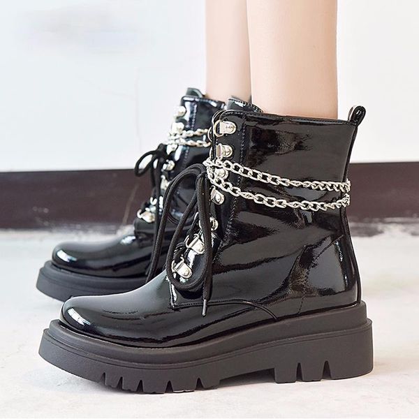 

platform shoes women patent leather autumn boots block heel gothic black punk style chain female footwear high quality