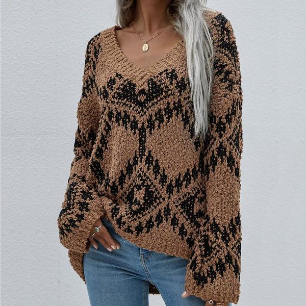 

women's sweaters fashion women knitted sweater casual long sleeve v-neck rhombus pattern pullover ladies winter warm mujer, White;black