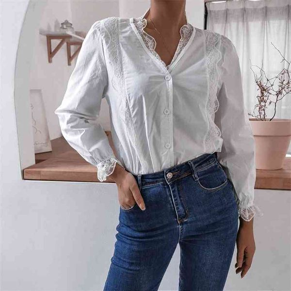 

korean fashion clothing shirts female lace trumpet long sleeve casual white shirt vintage lace women blouses 210517
