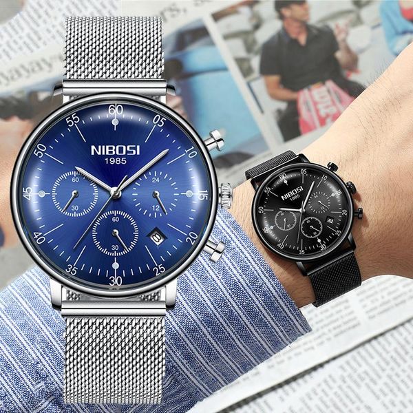 

wristwatches nibosi men watches thin waterproof fashion simple quartz watch stainless steel mesh business casual wristwatch relogio masculin, Slivery;brown