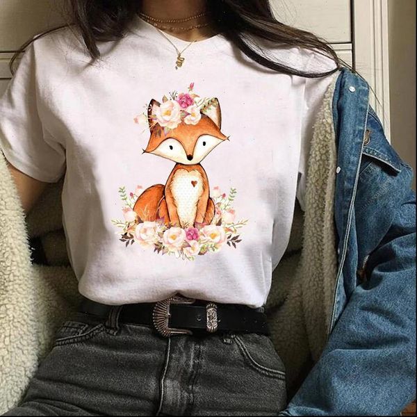 

print clothing graphic fox flower women t shirts cartoon short sleeve travel clothes lady tees female shirt womens, White