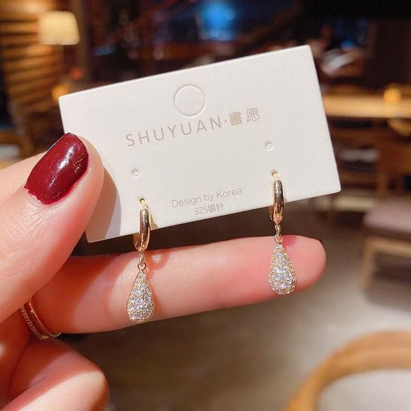 

dangle & chandelier simple gold full crystal water drop small earrings for women shiny rhinestone alloy korean party fashion jewelry, Silver