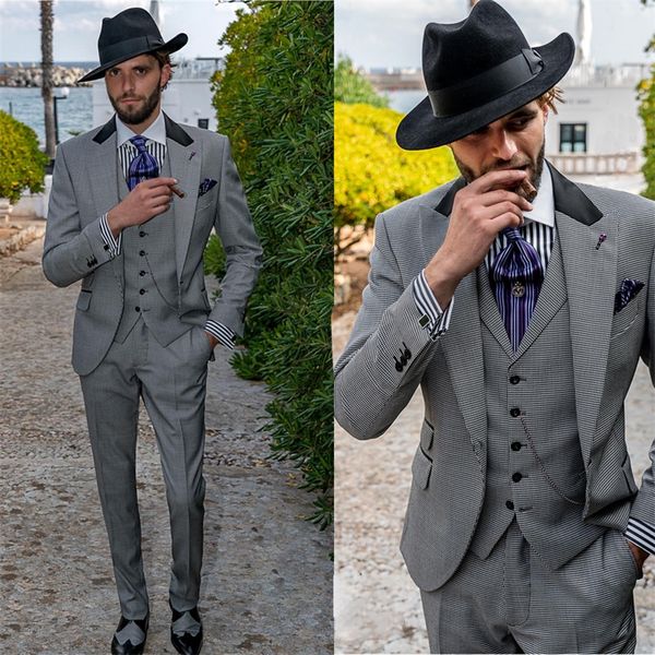 3 peças homens ternos estilos de houndstooth smoking personalizado apto festa de lapela desgaste moderno moda casaco + pant + colete