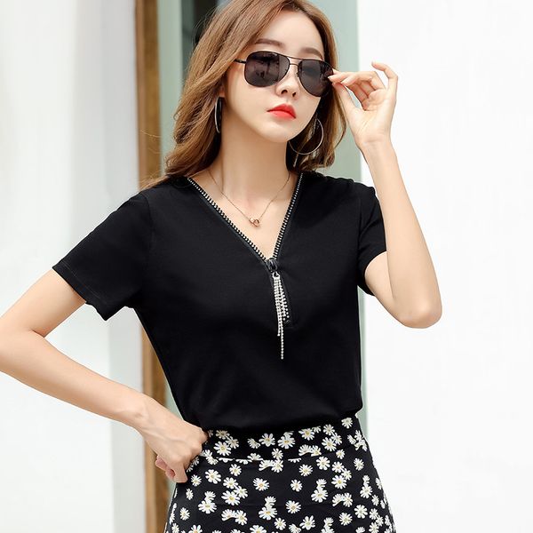

women's t-shirt shintimes diamonds zipper t shirt women cotton summer short sleeve korean fashion v-neck woman clothes femme kwcq, White