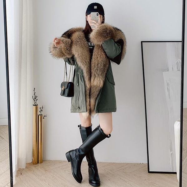 

women's fur & faux 2021 winter down coat natural real large lapel design medium length warm jacket abrigos para mujer, Black