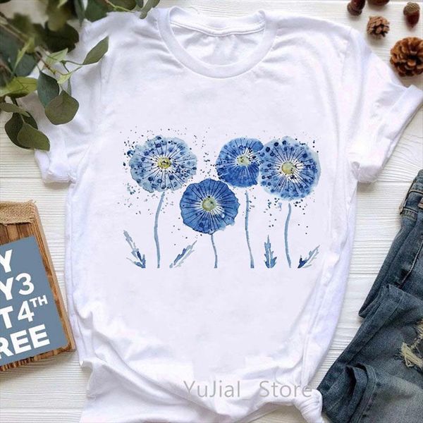 

arrival watercolor blue dandelion print men t shirt and women vogue aesthetic clothes femme harajuku, White;black