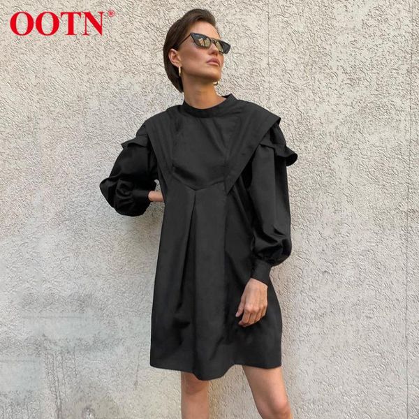

casual dresses ootn a-line long sleeve stand neck ruffled black autumn for women loose single button ladies mini blouses, Black;gray