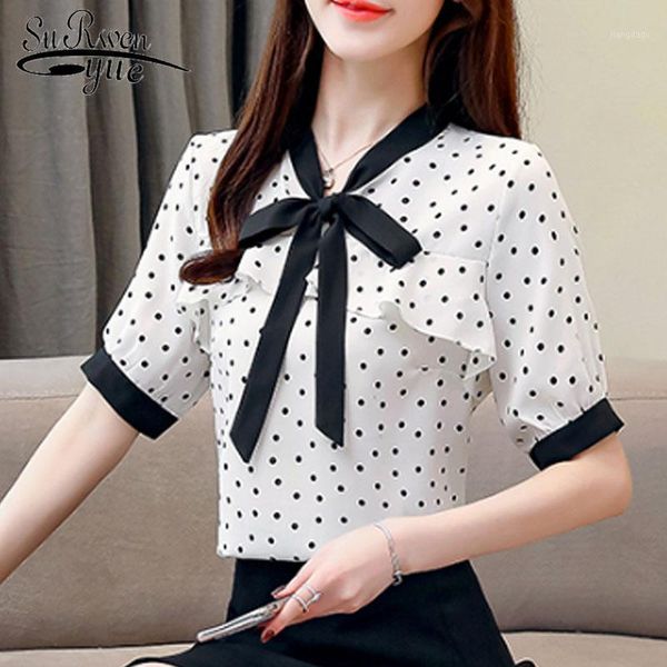 

summer fashion women chiffon blouses casual bow elegant and short sleeve ruffles clothing 5560 50 women's & shirts, White