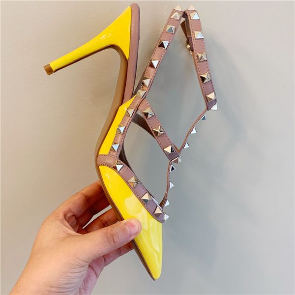 

casual designer lady fashion brand women shoes yellow patent leather spikes point toe high heels bride wedding pumps 6.5cm 9.5cm, Black