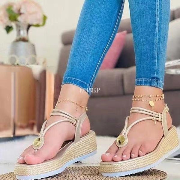 

sandals fashion narrow band summer thick sole platform wedge decoration flip toe women shoes indoor kopmkp house slippers, Black