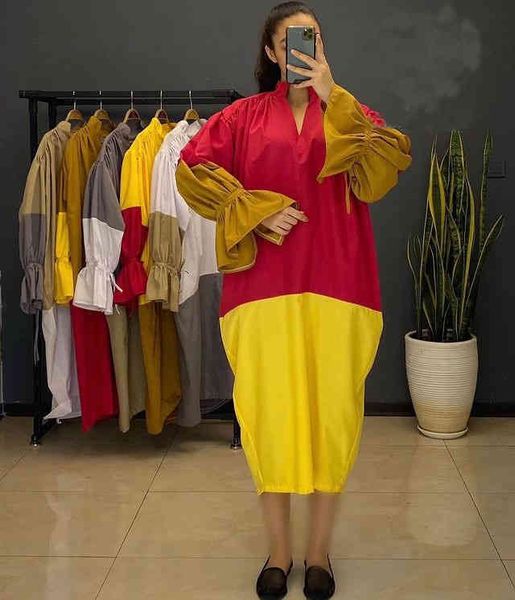 

ladies long sleeve stand collar fashion casual loose color matching flare sleeve dress, Black;gray