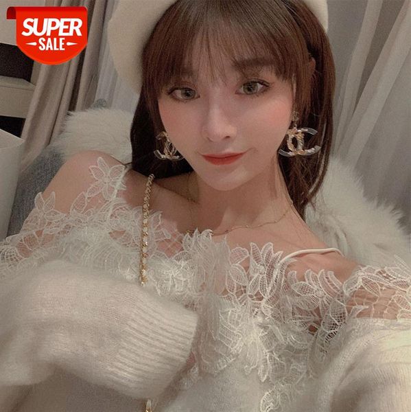 

clothing [sweetheart hunter] fragrant shoulders, small dew, lace stitching suspender sweater, loose women #wr7k, White