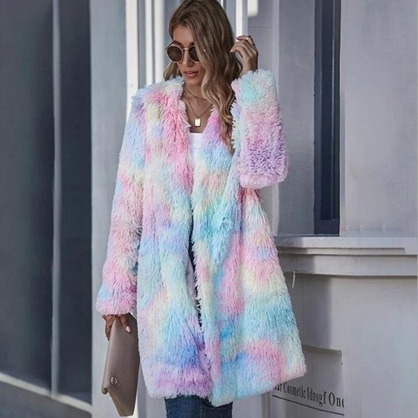

women's clothing wool autumn winter long women's warm coat plush tie dyed, Black