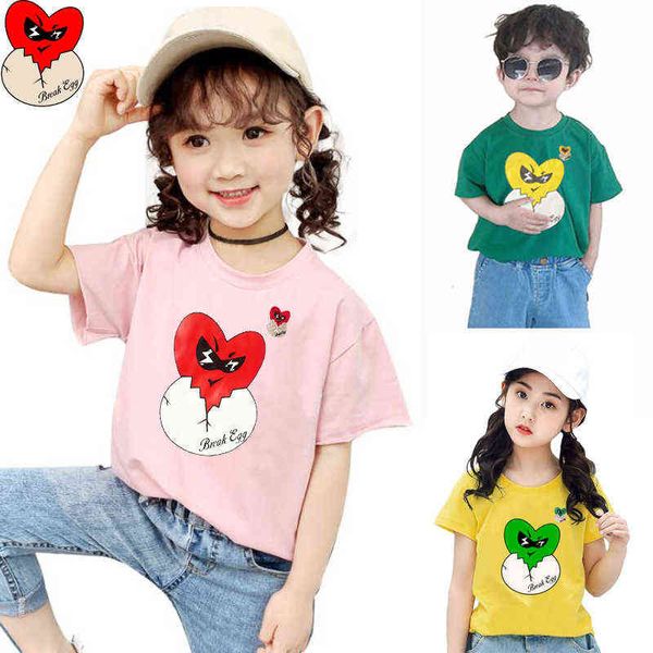 

break egg boy girl t-shirt summer embroidery print cartoon heart short sleeve cotton o-neck child casual t-shirt g1209, Blue